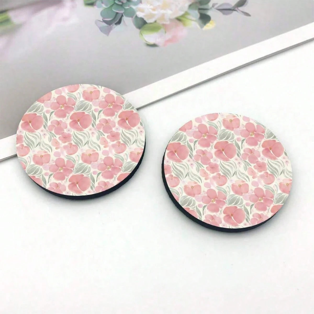 2/1pc Floral Car Cup Holder Coaster, Absorbent Ceramic Car Drink Cup Holder Pad, Cute Flower Pattern Car Interior Accessory Decoration, Waterproof Car Cup Holder Coaster, Suitable For Most Car Cup Hol