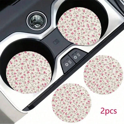 2/1pc Floral Car Cup Holder Coaster, Absorbent Ceramic Car Drink Cup Holder Pad, Cute Flower Pattern Car Interior Accessory Decoration, Waterproof Car Cup Holder Coaster, Suitable For Most Car Cup Hol