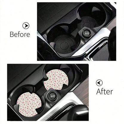 2/1pc Floral Car Cup Holder Coaster, Absorbent Ceramic Car Drink Cup Holder Pad, Cute Flower Pattern Car Interior Accessory Decoration, Waterproof Car Cup Holder Coaster, Suitable For Most Car Cup Hol
