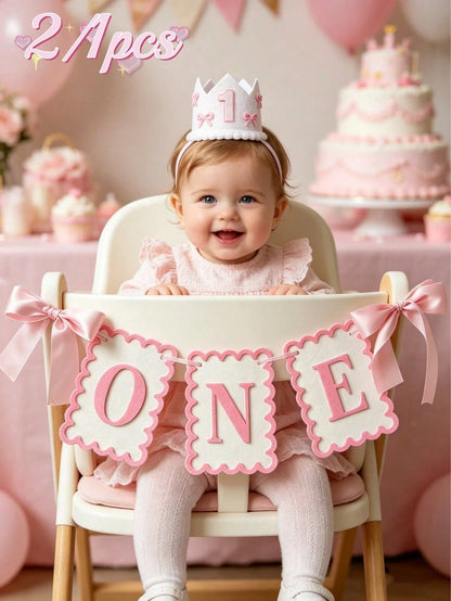 2/1pc INS Style Bow Non-Woven Fabric Flag Hat, 1st Birthday Chair Decor, Photo Prop Suitable For Children's Birthday, Baby Shower Party Decoration, Pink Bow 1st Birthday Girl Hat, Happy Birthday Party
