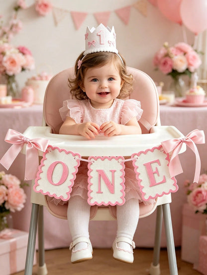 2/1pc INS Style Bow Non-Woven Fabric Flag Hat, 1st Birthday Chair Decor, Photo Prop Suitable For Children's Birthday, Baby Shower Party Decoration, Pink Bow 1st Birthday Girl Hat, Happy Birthday Party