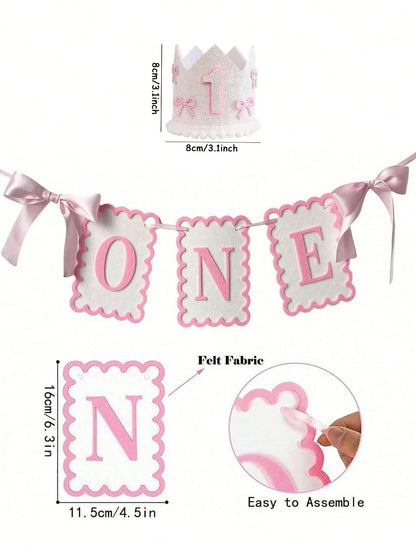 2/1pc INS Style Bow Non-Woven Fabric Flag Hat, 1st Birthday Chair Decor, Photo Prop Suitable For Children's Birthday, Baby Shower Party Decoration, Pink Bow 1st Birthday Girl Hat, Happy Birthday Party