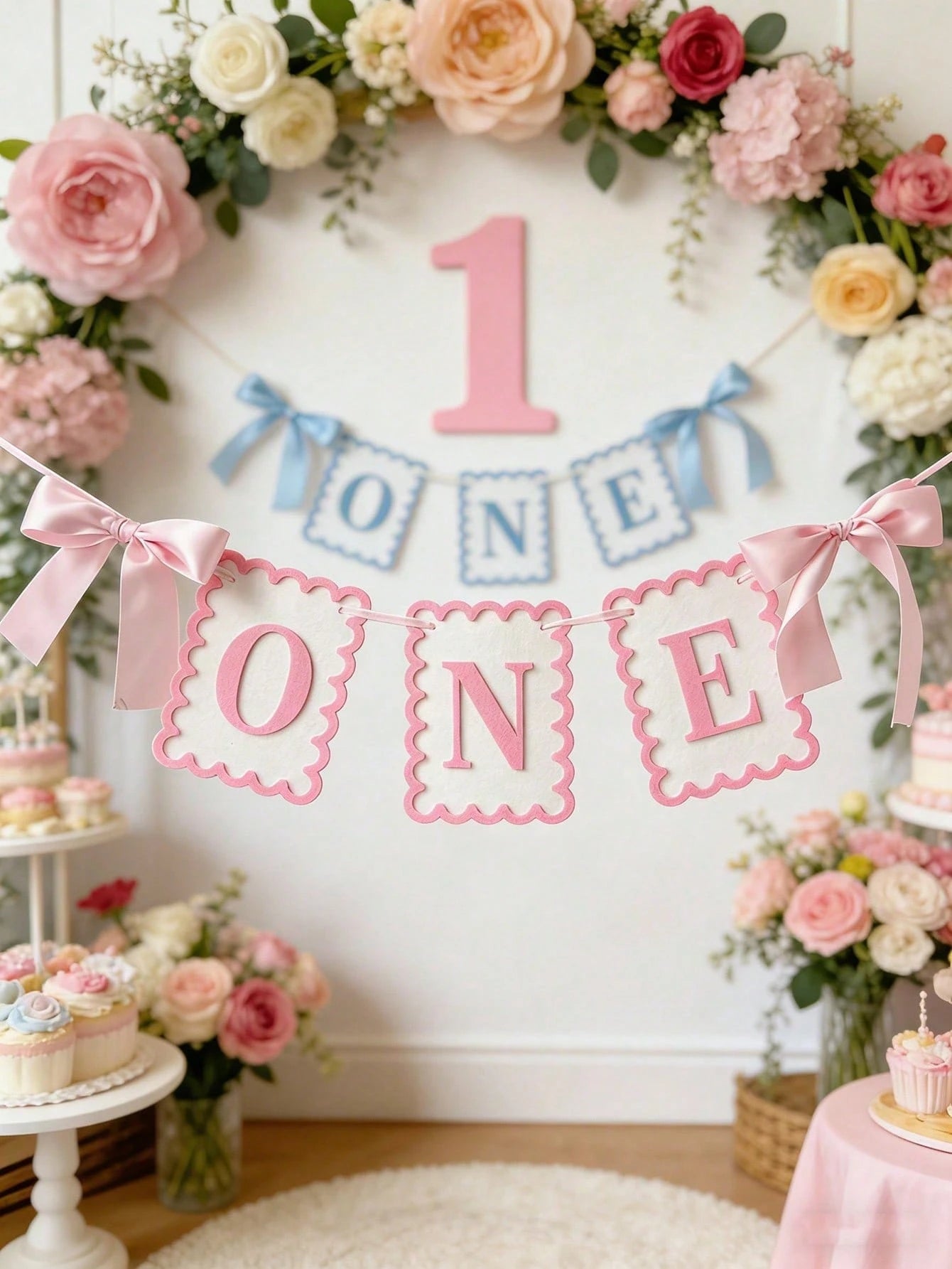2/1pc INS Style Bow Non-Woven Fabric Flag Hat, 1st Birthday Chair Decor, Photo Prop Suitable For Children's Birthday, Baby Shower Party Decoration, Pink Bow 1st Birthday Girl Hat, Happy Birthday Party