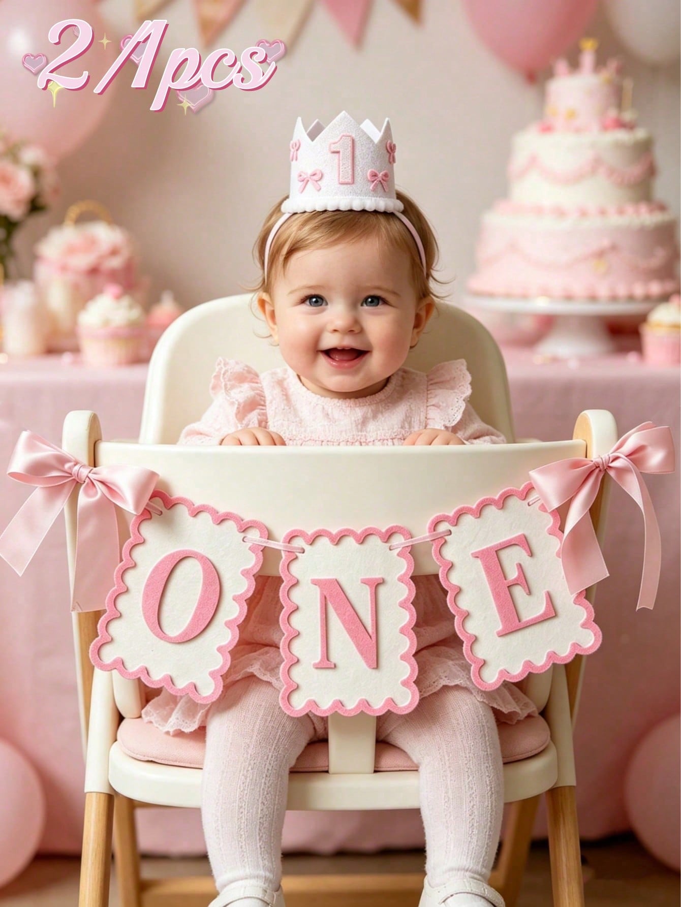 2/1pc INS Style Bow Non-Woven Fabric Flag Hat, 1st Birthday Chair Decor, Photo Prop Suitable For Children's Birthday, Baby Shower Party Decoration, Pink Bow 1st Birthday Girl Hat, Happy Birthday Party