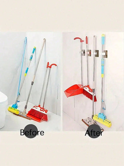 2/4/6/8pcs No-Drill Mop Holder For Wall- Heavy Duty Adhesive Broom Organizer For Kitchen & Bathroom. Waterproof Design Secures Mops, Brooms & Umbrellas Without Drilling. Adjustable Clips Fit Various