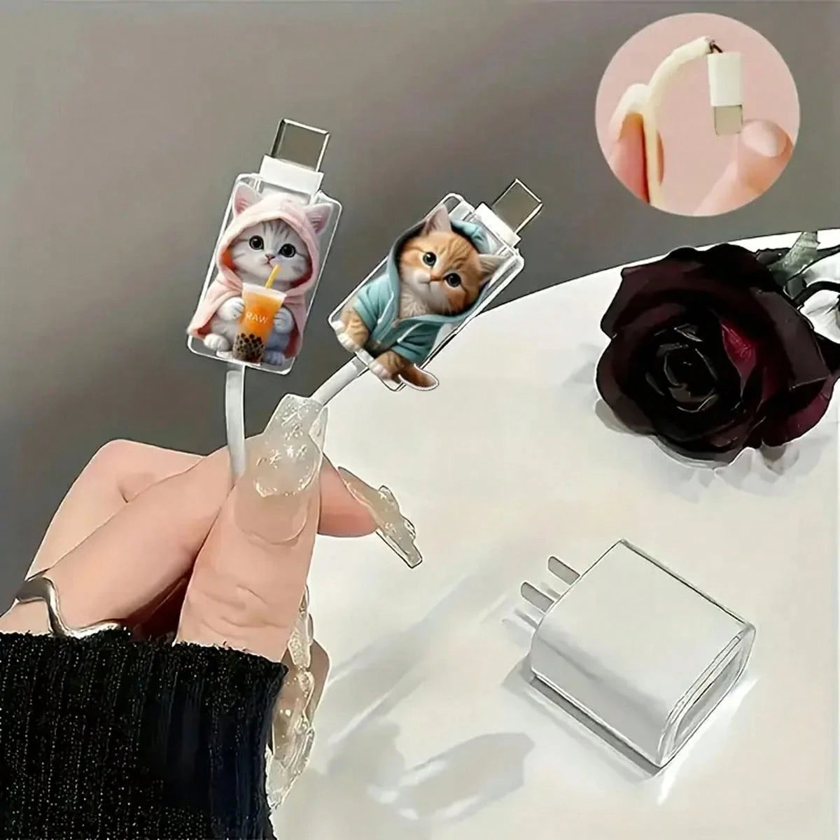 2/4/8pcs Cartoon Cat Design Charger Cable Protector, Cute & Fashionable Charging Cable Saver Bite Protector, Acrylic Material, Protect Charger Head, Earphone, Phone Cables From Breaking, Extend Data C