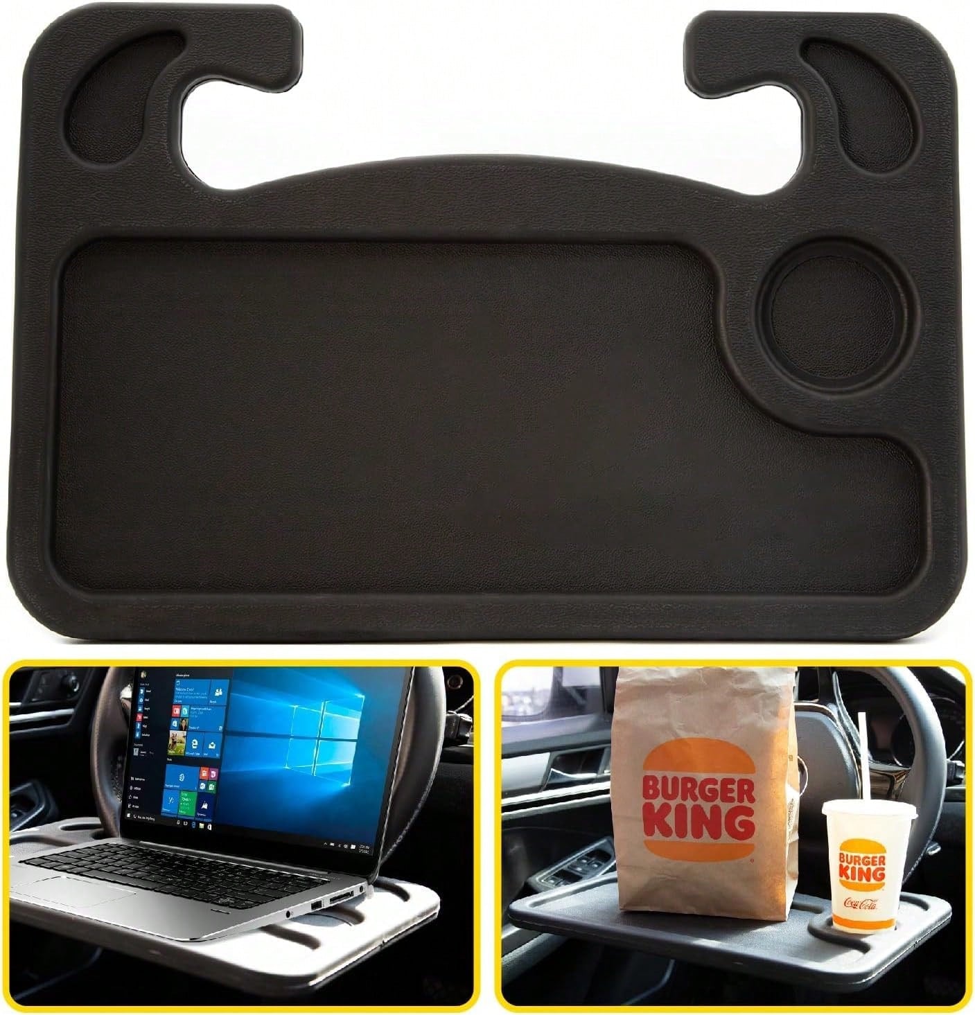 2-In-1 Car Steering Wheel Desk- Portable Auto Laptop Tray & Eating Table For Most Vehicles, Durable Multi-Functional Travel Workstation With Cup Holder For Commuters And Road Trips, Black