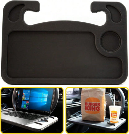 2-In-1 Car Steering Wheel Desk- Portable Auto Laptop Tray & Eating Table For Most Vehicles, Durable Multi-Functional Travel Workstation With Cup Holder For Commuters And Road Trips, Black