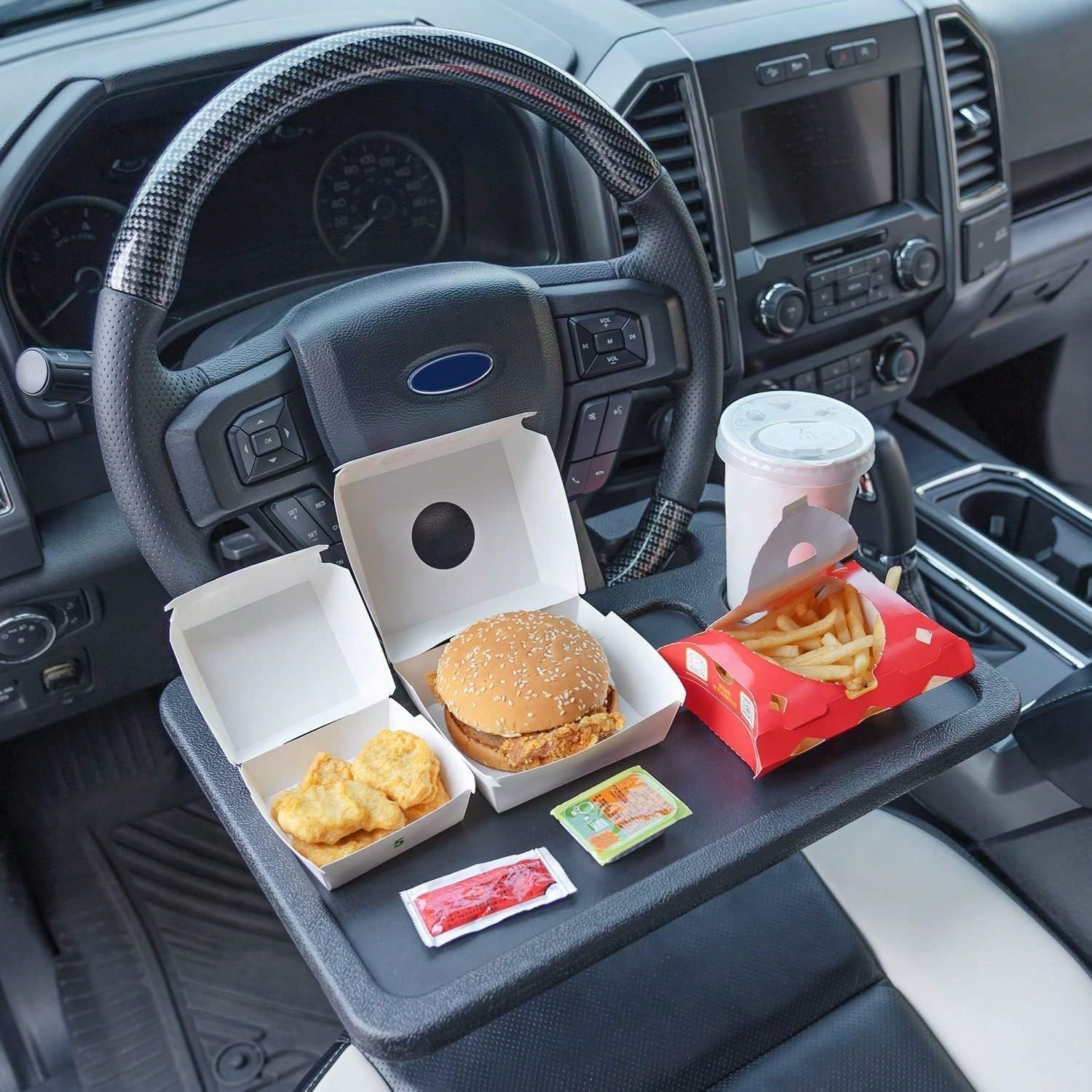 2-In-1 Car Steering Wheel Desk- Portable Auto Laptop Tray & Eating Table For Most Vehicles, Durable Multi-Functional Travel Workstation With Cup Holder For Commuters And Road Trips, Black