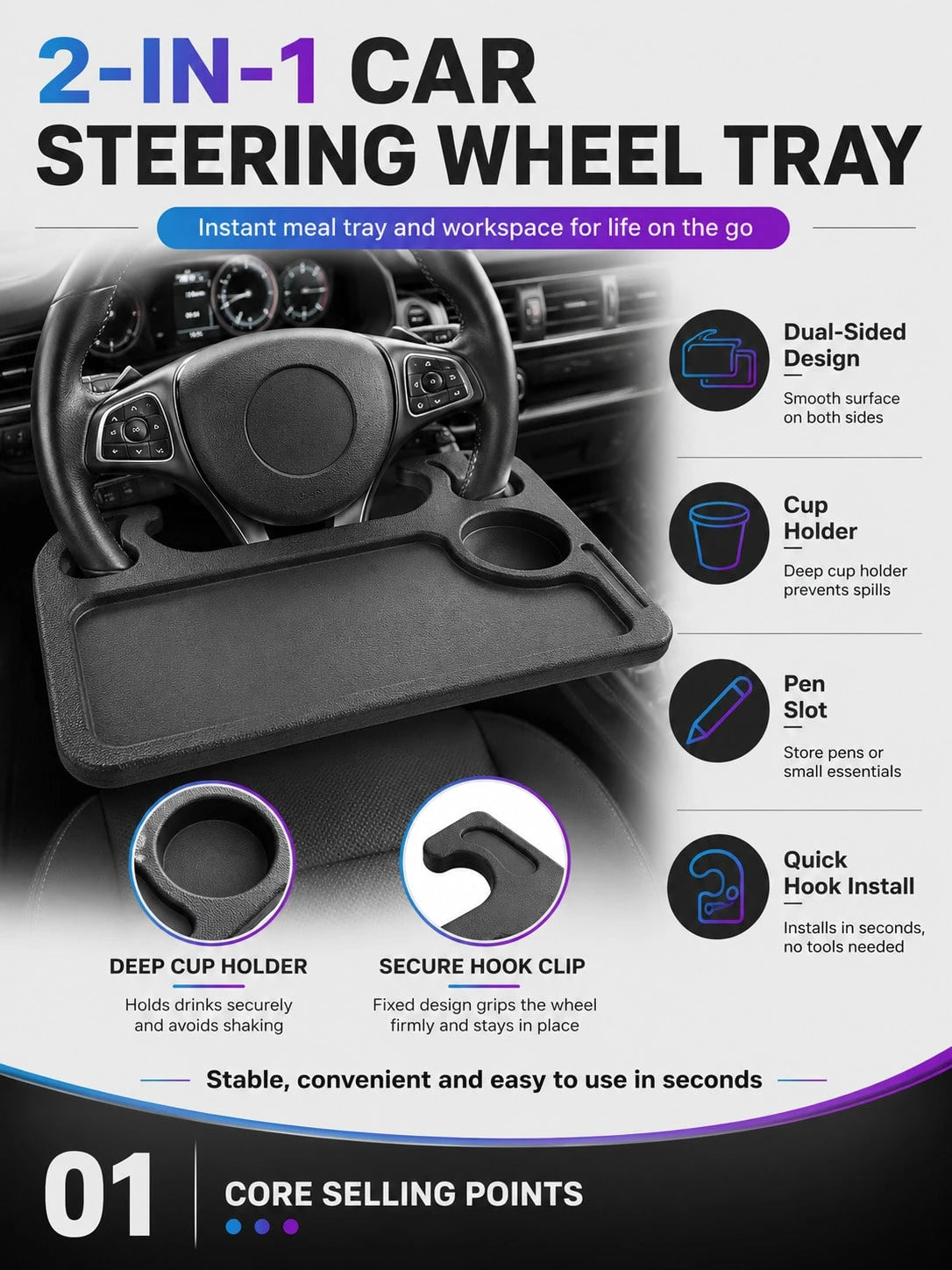 2-In-1 Car Steering Wheel Desk- Portable Auto Laptop Tray & Eating Table For Most Vehicles, Durable Multi-Functional Travel Workstation With Cup Holder For Commuters And Road Trips, Black