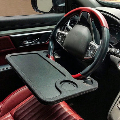 2-In-1 Car Steering Wheel Desk- Portable Auto Laptop Tray & Eating Table For Most Vehicles, Durable Multi-Functional Travel Workstation With Cup Holder For Commuters And Road Trips, Black