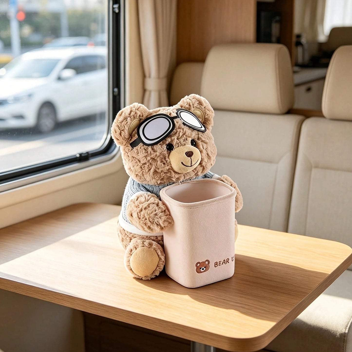 2-In-1 Cartoon Bear Car Storage Box For Motorhome, Tissue & Trash Container, Nice Accessory For Self-Drive Trips
