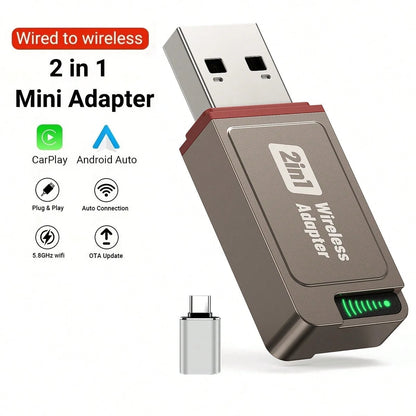2-In-1 Wireless CarPlay & Android Auto Adapter, Plug & Play CarPlay Dongle Converts Wired To Wireless, Fast Auto-Connect, No Delay, Compact Design For IPhone & Android With USB/USB-C Port