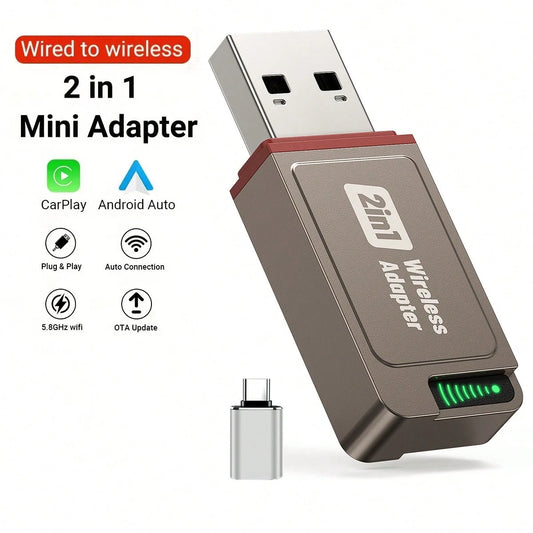 2-In-1 Wireless CarPlay & Android Auto Adapter, Plug & Play CarPlay Dongle Converts Wired To Wireless, Fast Auto-Connect, No Delay, Compact Design For IPhone & Android With USB/USB-C Port