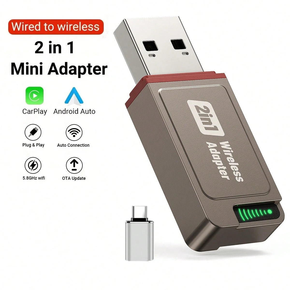 2-In-1 Wireless CarPlay & Android Auto Adapter, Plug & Play CarPlay Dongle Converts Wired To Wireless, Fast Auto-Connect, No Delay, Compact Design For IPhone & Android With USB/USB-C Port