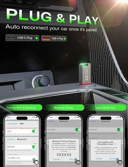 2-In-1 Wireless CarPlay & Android Auto Adapter, Plug & Play CarPlay Dongle Converts Wired To Wireless, Fast Auto-Connect, No Delay, Compact Design For IPhone & Android With USB/USB-C Port
