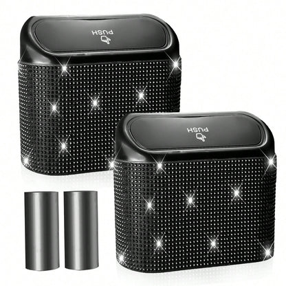 2 Pack Bling Car Trash Can With Lid, Mini Auto Garbage Can With 60 Trash Bags, Automotive Garbage Container Bin, Multipurpose Organizers And Storage For Car, Home, Office