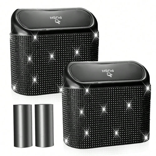 2 Pack Bling Car Trash Can With Lid, Mini Auto Garbage Can With 60 Trash Bags, Automotive Garbage Container Bin, Multipurpose Organizers And Storage For Car, Home, Office
