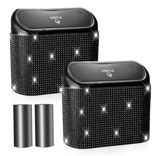 2 Pack Bling Car Trash Can With Lid, Mini Auto Garbage Can With 60 Trash Bags, Automotive Garbage Container Bin, Multipurpose Organizers And Storage For Car, Home, Office