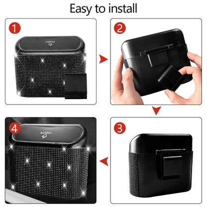 2 Pack Bling Car Trash Can With Lid, Mini Auto Garbage Can With 60 Trash Bags, Automotive Garbage Container Bin, Multipurpose Organizers And Storage For Car, Home, Office