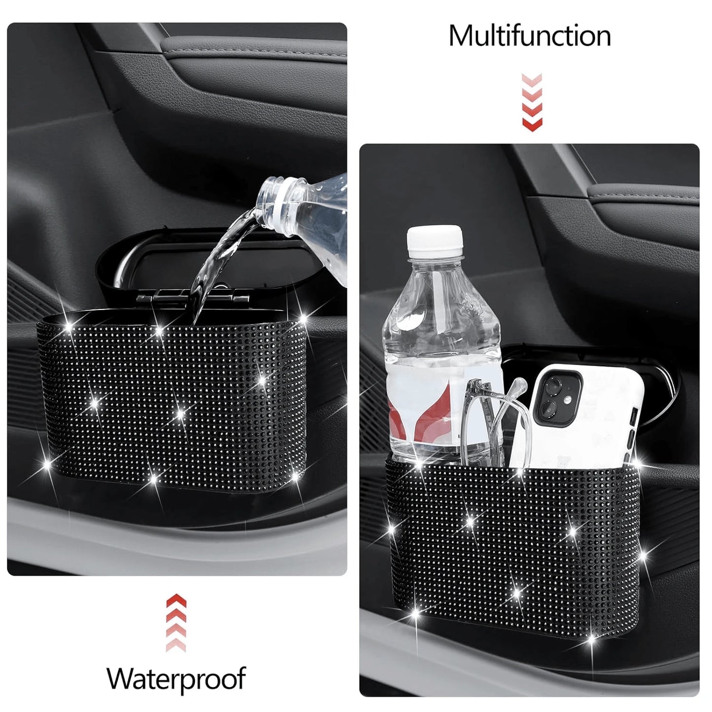 2 Pack Bling Car Trash Can With Lid, Mini Auto Garbage Can With 60 Trash Bags, Automotive Garbage Container Bin, Multipurpose Organizers And Storage For Car, Home, Office