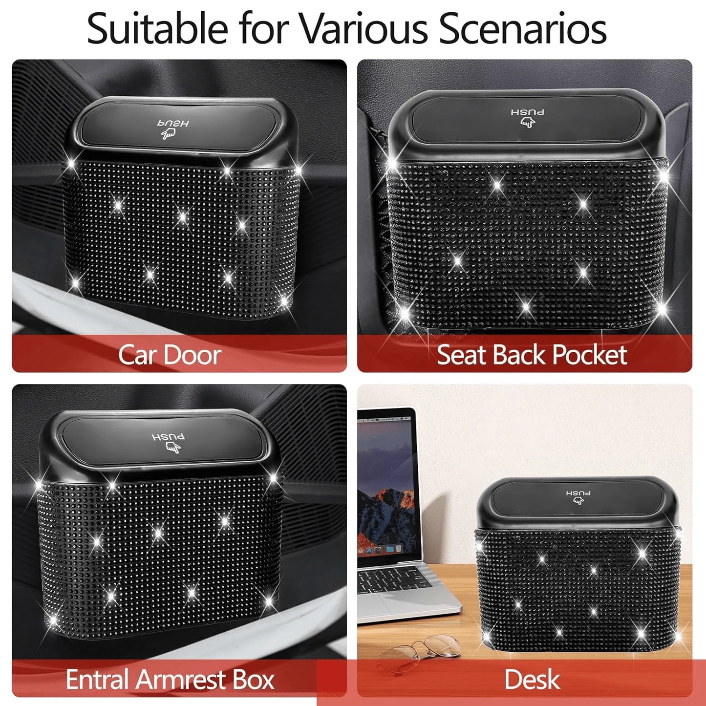 2 Pack Bling Car Trash Can With Lid, Mini Auto Garbage Can With 60 Trash Bags, Automotive Garbage Container Bin, Multipurpose Organizers And Storage For Car, Home, Office