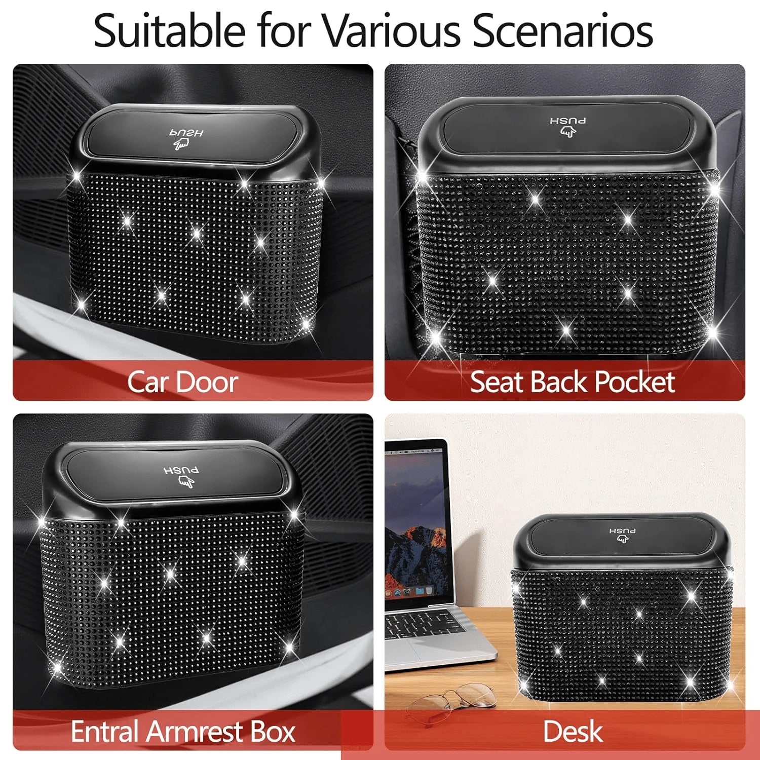 2 Pack Bling Car Trash Can With Lid, Mini Auto Garbage Can With 60 Trash Bags, Automotive Garbage Container Bin, Multipurpose Organizers And Storage For Car, Home, Office