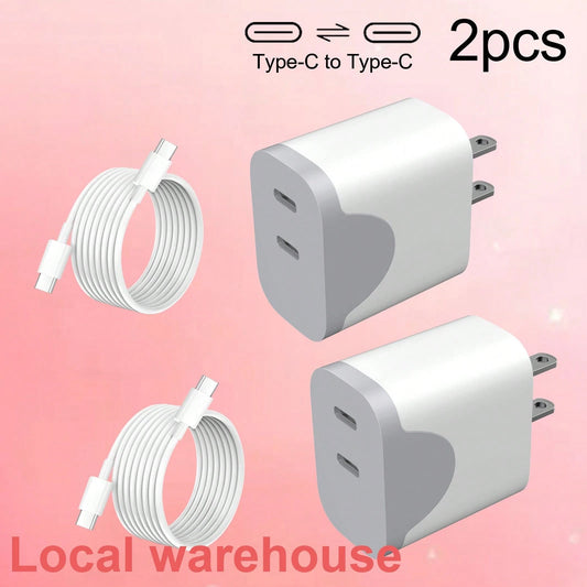 2-Pack Type C Fast Charger: Dual USB-C Charging Block + Type-C Cable – USB C Charger, Local Warehouse Suitable For Multiple People Charging, Multiple Devices Charging, Home Charging Needs, And Office
