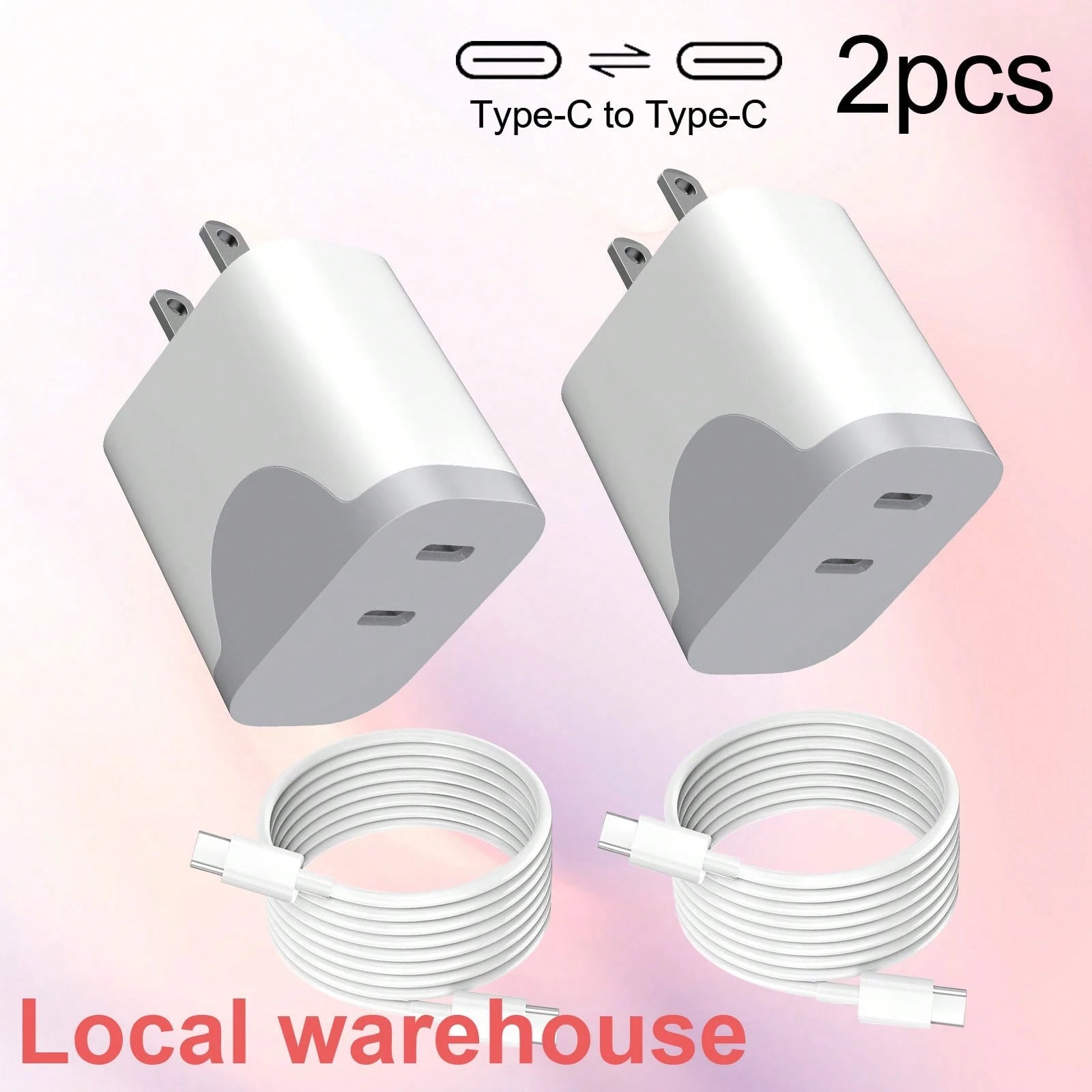 2-Pack Type C Fast Charger: Dual USB-C Charging Block + Type-C Cable – USB C Charger, Local Warehouse Suitable For Multiple People Charging, Multiple Devices Charging, Home Charging Needs, And Office