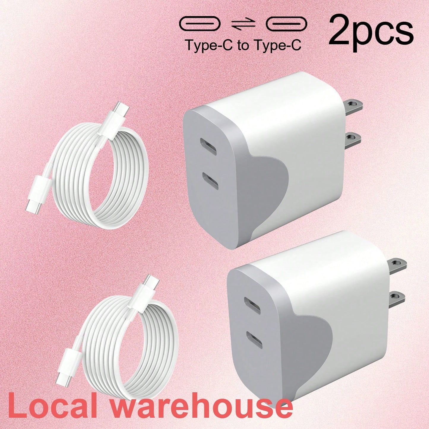 2-Pack Type C Fast Charger: Dual USB-C Charging Block + Type-C Cable – USB C Charger, Local Warehouse Suitable For Multiple People Charging, Multiple Devices Charging, Home Charging Needs, And Office