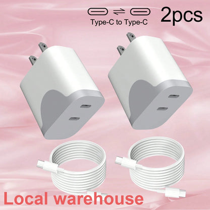 2-Pack Type C Fast Charger: Dual USB-C Charging Block + Type-C Cable – USB C Charger, Local Warehouse Suitable For Multiple People Charging, Multiple Devices Charging, Home Charging Needs, And Office
