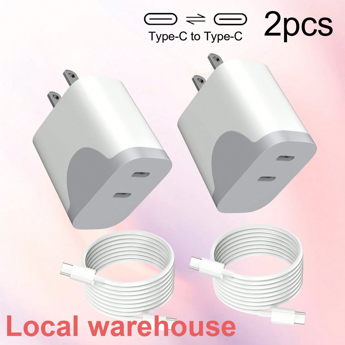 2-Pack Type C Fast Charger: Dual USB-C Charging Block + Type-C Cable – USB C Charger, Local Warehouse Suitable For Multiple People Charging, Multiple Devices Charging, Home Charging Needs, And Office
