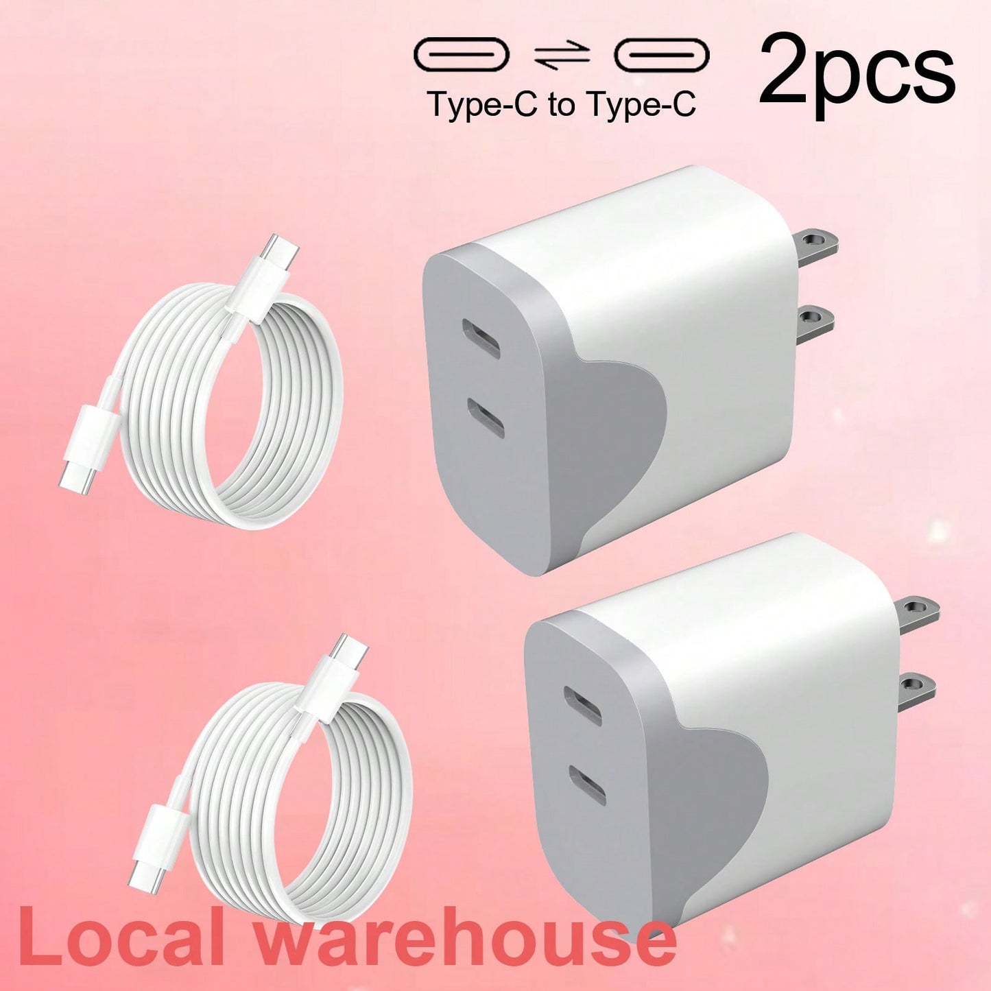 2-Pack Type C Fast Charger: Dual USB-C Charging Block + Type-C Cable – USB C Charger, Local Warehouse Suitable For Multiple People Charging, Multiple Devices Charging, Home Charging Needs, And Office