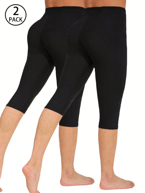 2 Packs Spring Summer Women's Legging Casual Fashion Solid Color Tight Pants Outdoor Sports Pants High Elasticity Practice Yoga Sevens Black
