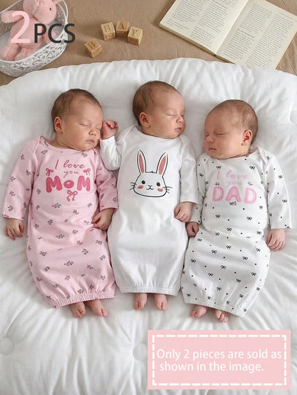 2-Piece Baby Girls Pajamas White Cute Summer Lounge Crew Neck Long Sleeve Nightgown,Apricot Pink Floral Print Sleepwear Home Wear Soft Breathable