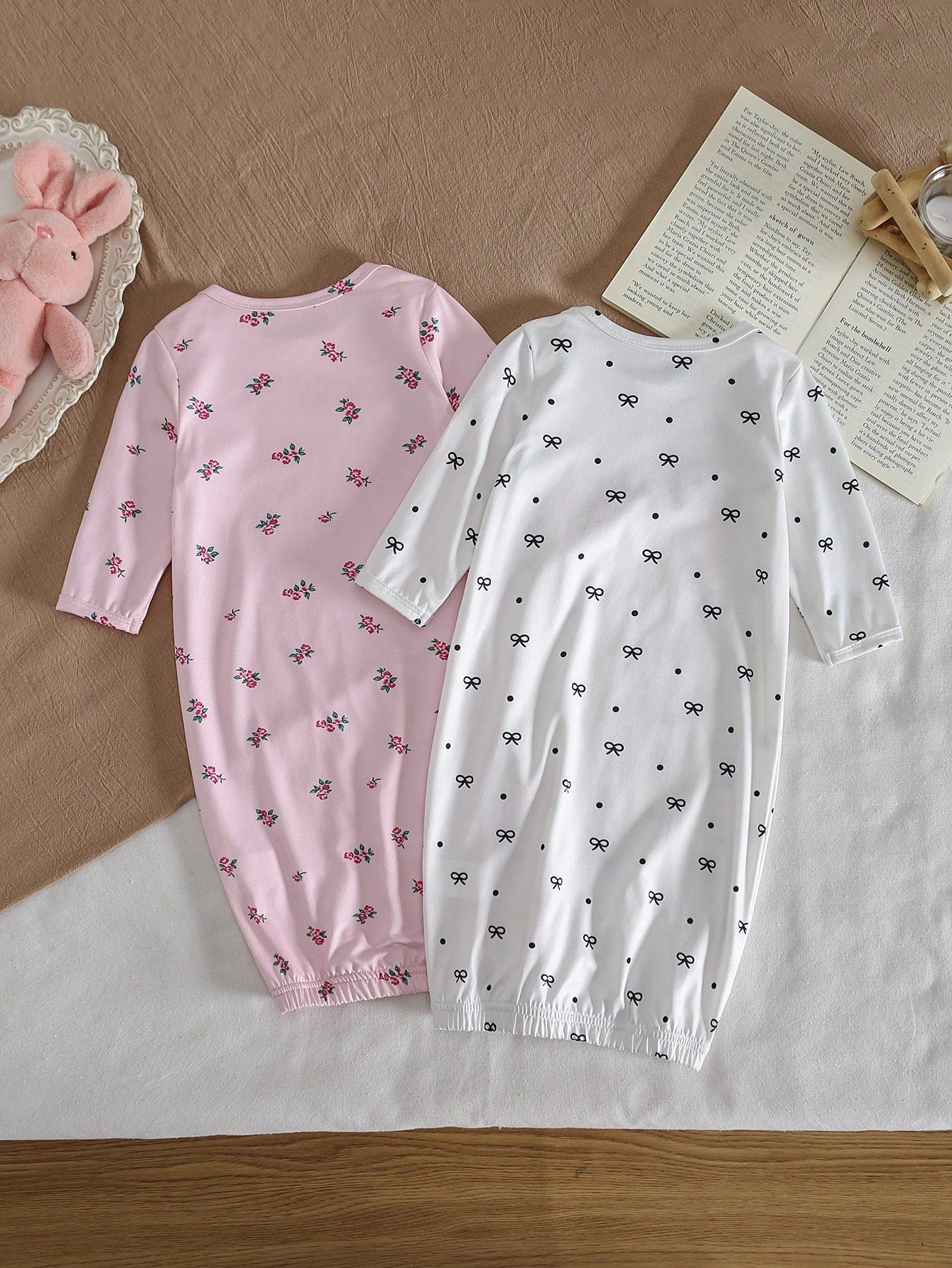 2-Piece Baby Girls Pajamas White Cute Summer Lounge Crew Neck Long Sleeve Nightgown,Apricot Pink Floral Print Sleepwear Home Wear Soft Breathable