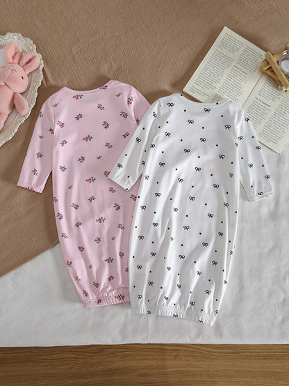 2-Piece Baby Girls Pajamas White Cute Summer Lounge Crew Neck Long Sleeve Nightgown,Apricot Pink Floral Print Sleepwear Home Wear Soft Breathable