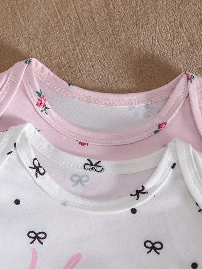 2-Piece Baby Girls Pajamas White Cute Summer Lounge Crew Neck Long Sleeve Nightgown,Apricot Pink Floral Print Sleepwear Home Wear Soft Breathable