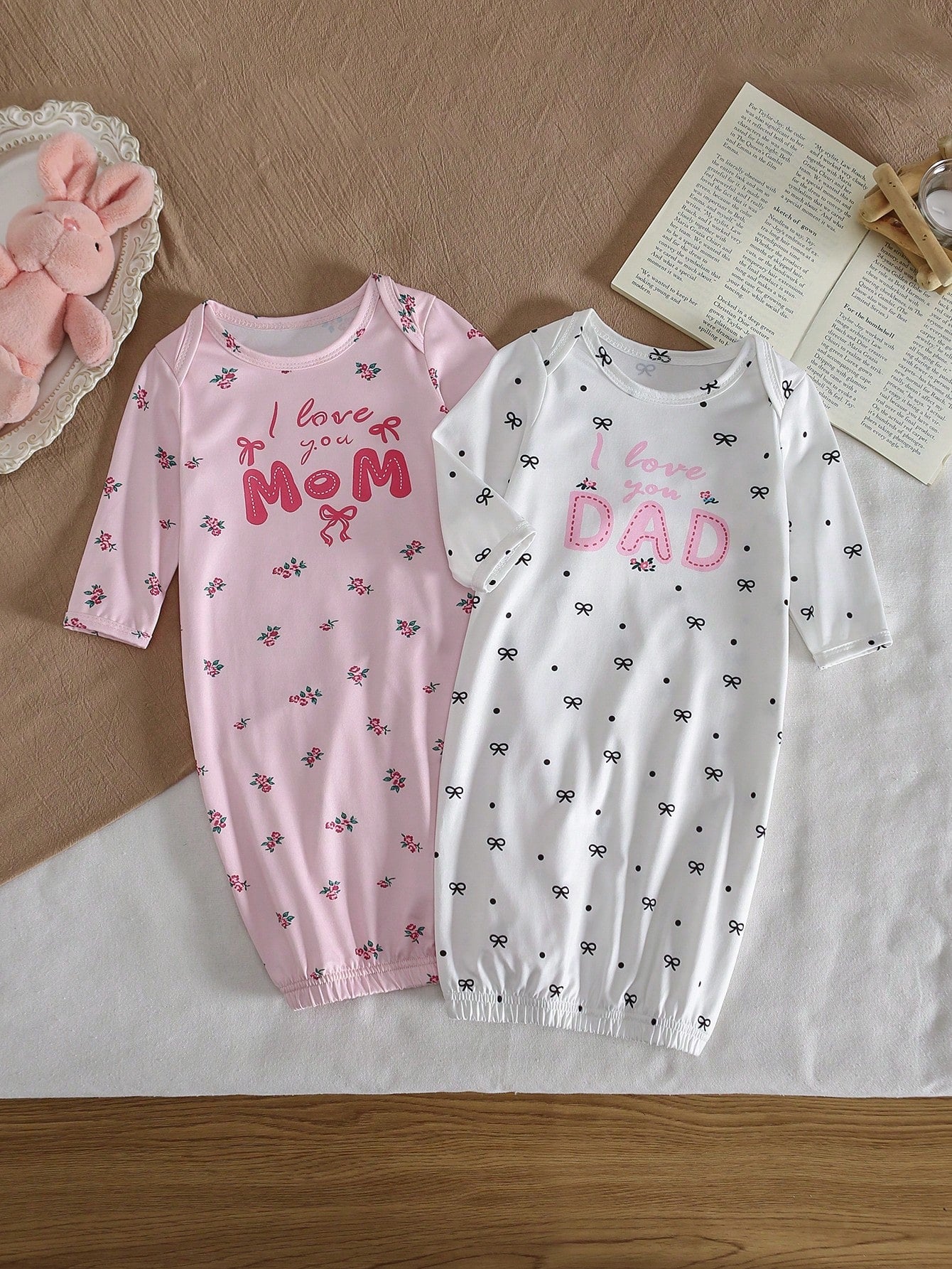 2-Piece Baby Girls Pajamas White Cute Summer Lounge Crew Neck Long Sleeve Nightgown,Apricot Pink Floral Print Sleepwear Home Wear Soft Breathable
