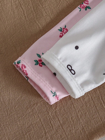 2-Piece Baby Girls Pajamas White Cute Summer Lounge Crew Neck Long Sleeve Nightgown,Apricot Pink Floral Print Sleepwear Home Wear Soft Breathable