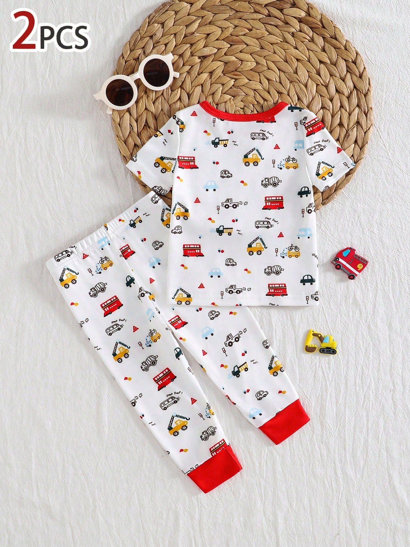 2 Pieces Baby Boys Pajama Set,Cartoon Vehicle Print,Soft Stretchy Knit Night Wear,Snug Fit,Cute Summer,Soft Summer Colour Palette