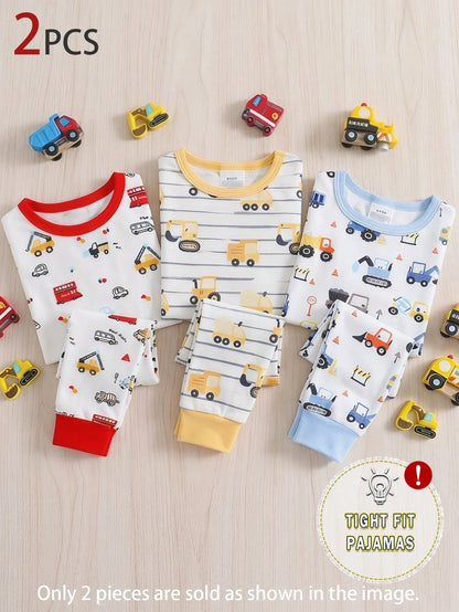 2 Pieces Baby Boys Pajama Set,Cartoon Vehicle Print,Soft Stretchy Knit Night Wear,Snug Fit,Cute Summer,Soft Summer Colour Palette