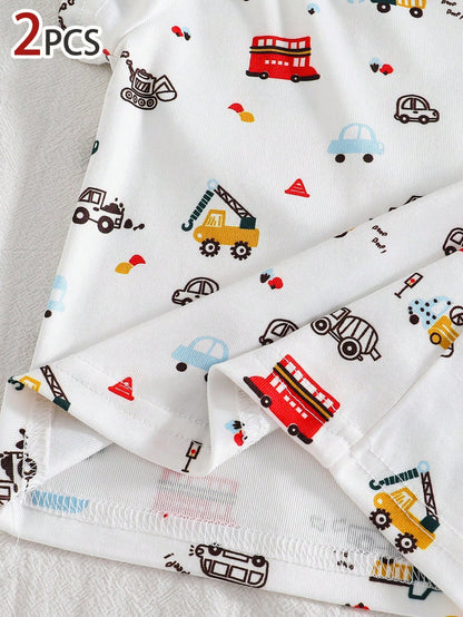 2 Pieces Baby Boys Pajama Set,Cartoon Vehicle Print,Soft Stretchy Knit Night Wear,Snug Fit,Cute Summer,Soft Summer Colour Palette