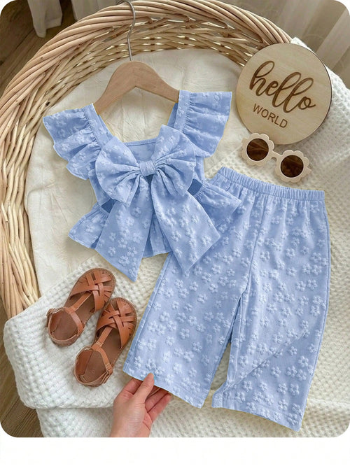 2 Pieces Baby Girl Summer Casual Color-Blocked Ruffled Shirt And Trousers Set