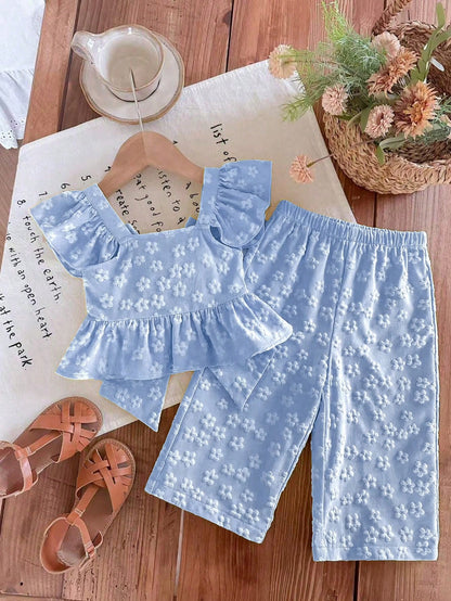 2 Pieces Baby Girl Summer Casual Color-Blocked Ruffled Shirt And Trousers Set