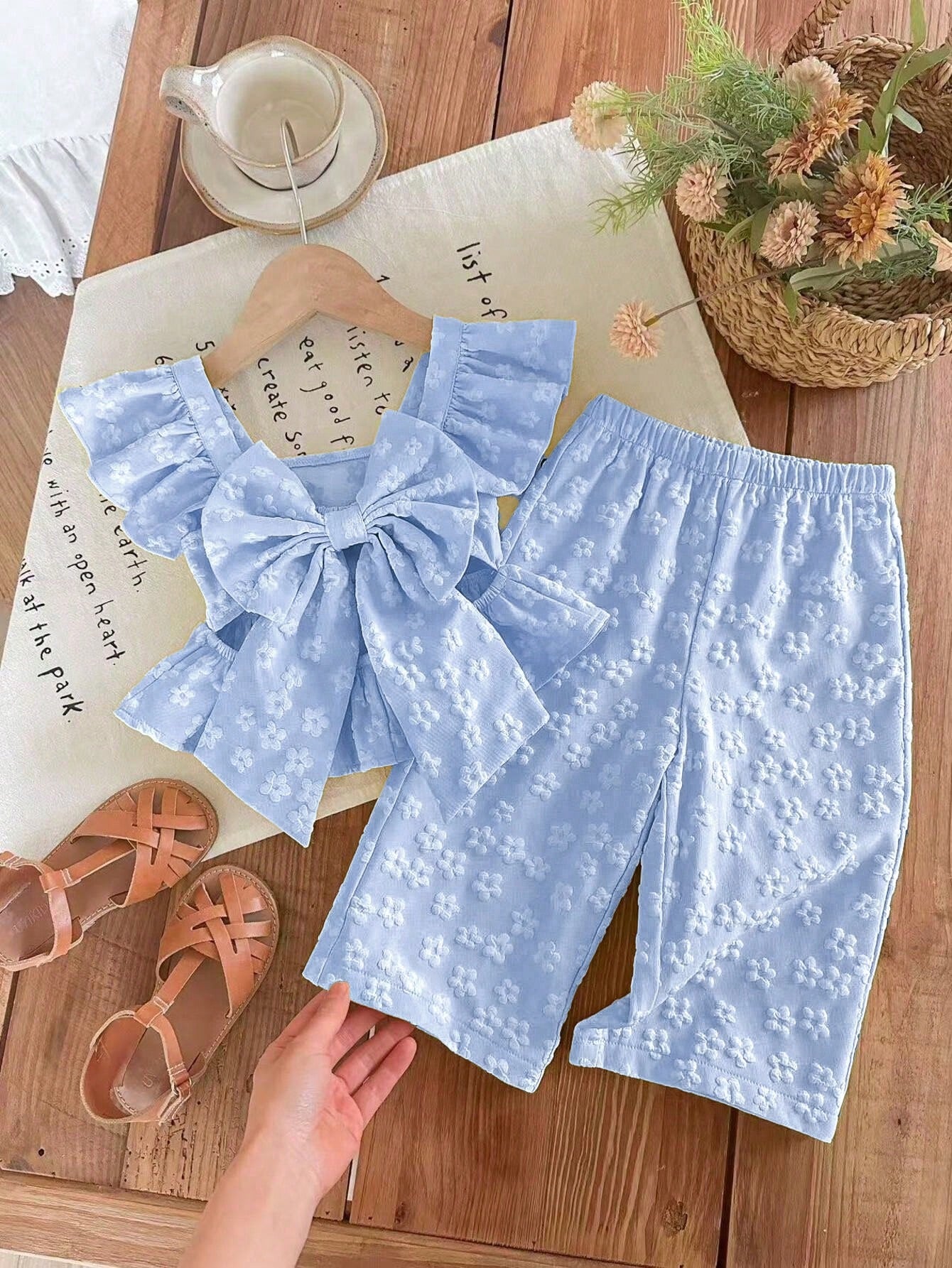 2 Pieces Baby Girl Summer Casual Color-Blocked Ruffled Shirt And Trousers Set