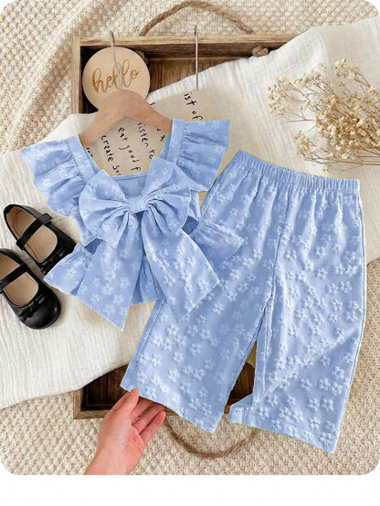 2 Pieces Baby Girl Summer Casual Color-Blocked Ruffled Shirt And Trousers Set