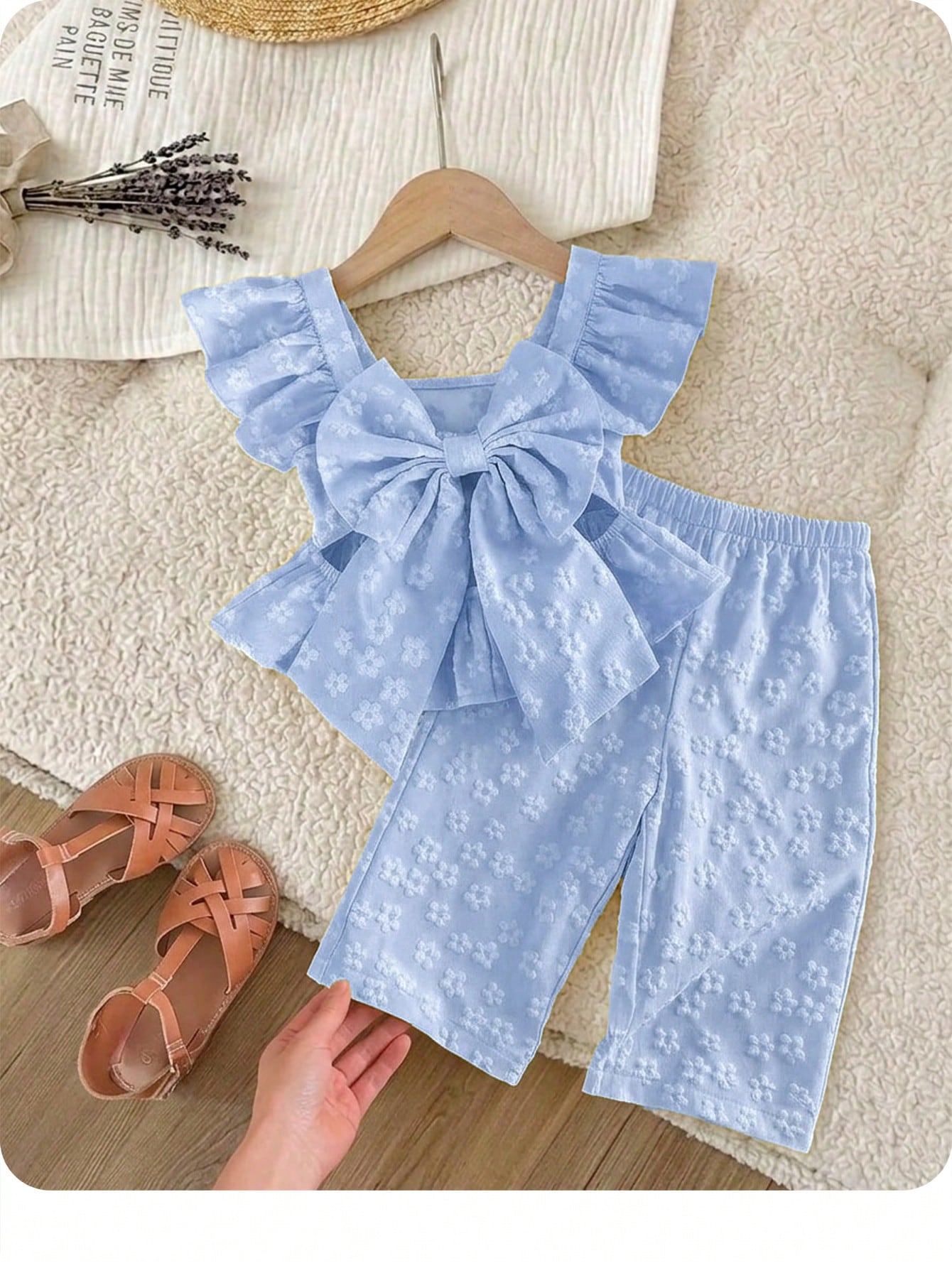 2 Pieces Baby Girl Summer Casual Color-Blocked Ruffled Shirt And Trousers Set