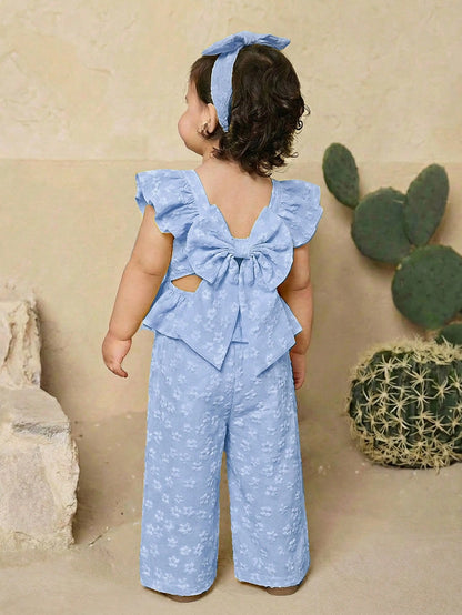 2 Pieces Baby Girl Summer Casual Color-Blocked Ruffled Shirt And Trousers Set
