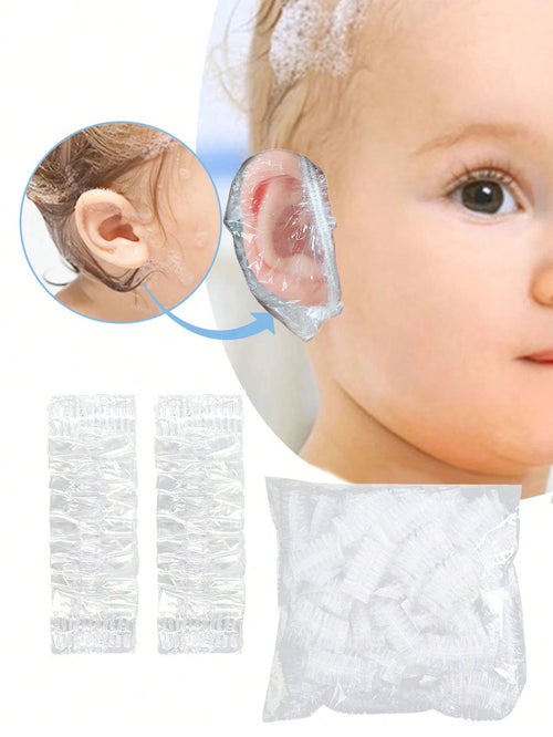 200pcs/100pcs-Extended Size: 10cm/3.9in Baby Transparent Disposable Ear Covers, Elastic Transparent Shower Water Ear Covers, Newborn Essentials, Bathing, Baby Bath, Swimming Ear Covers, Suitable For C
